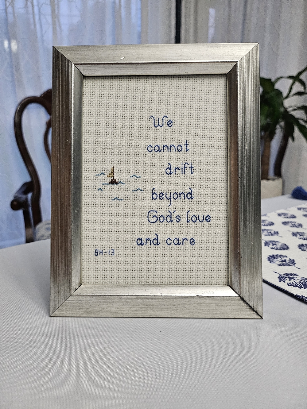 Framed Religious Needlework Cross Stitch Art - Nautical Sailboat Decor
